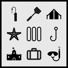 Simple 9 set of Summer related hook, diving mask and tube, seastar with dots and sand castle with flag vector icons