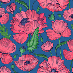 Natural seamless pattern with beautiful blooming wild poppy flowers, leaves and seed heads hand drawn on blue background. Floral vector illustration for fabric print, wallpaper, wrapping paper.