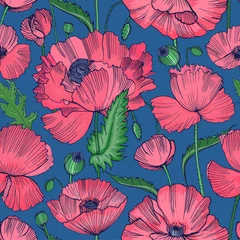 Garden poster Poppies Natural seamless pattern with beautiful blooming wild poppy flowers, leaves and seed heads hand drawn on blue background. Floral vector illustration for fabric print, wallpaper, wrapping paper.