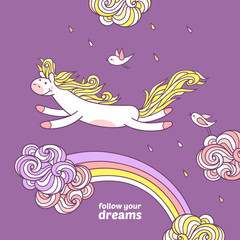 Dreams come true. Cute pony is jumping under a rainbow.