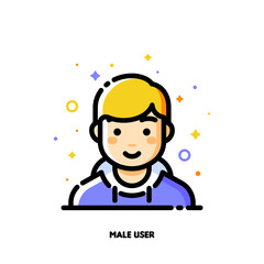 Male user avatar. Icon of cute boy face. Flat filled outline style. Pixel perfect 64x64. Editable stroke