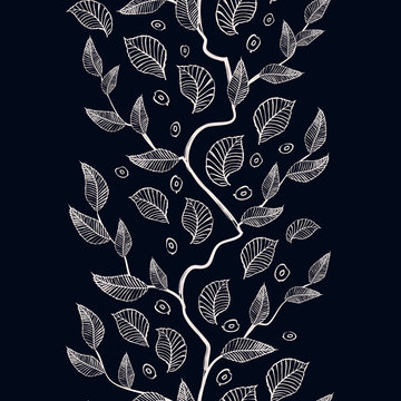 Vector vertical ornament with stylized tree branches for season design.