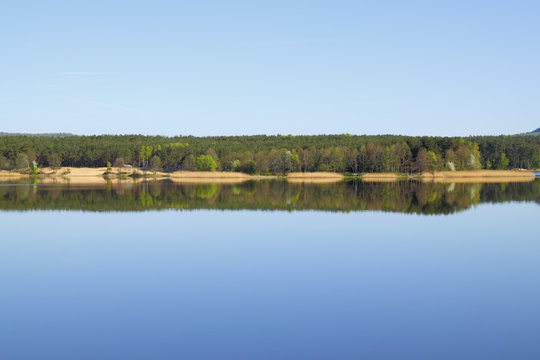 Lake with forest line mirrored in calm water surface