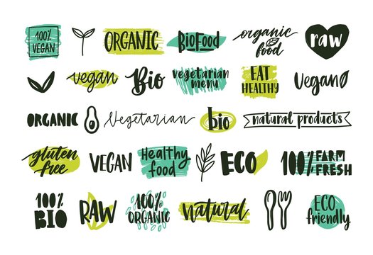 Collection of organic labels with handwritten lettering for natural and eco products, healthy vegetarian food. Set of tags isolated on white background. Colored hand drawn vector illustration.