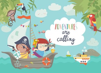 Cute pirates sailing in their ship