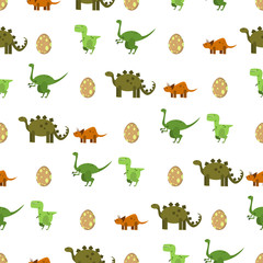 Obraz premium Flat dinosaurs and egg vector seamless pattern on a white background. Texture for print wallpaper, wrapping, packing and backdrop.
