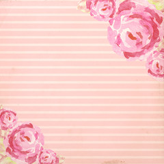 Vintage background with big pink watercolor roses and stripes
