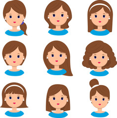 Beautiful young woman portrait modern fashion long hair, short hair, curly hair salon hairstyles and trendy haircut vector icon set isolated on white background. Cartoon. Vector, flat .