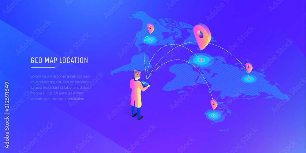 Poster a man with a wireless remote control interacts with locations on the world map. global communication