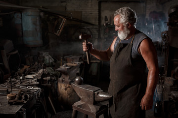 Obraz na płótnie Canvas Portrait of a blacksmith artisan with a hammer in a blacksmith