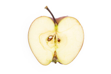 Red delicious apple one section half flatlay isolated on white background.