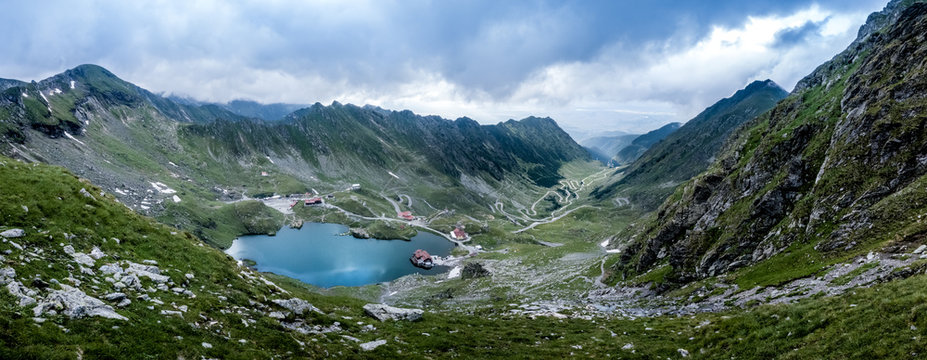 panoramic mountain view on lake Balea and on the Transfagarash
