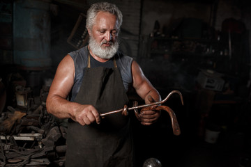 The portrait of blacksmith preparing to work metal on the anvil