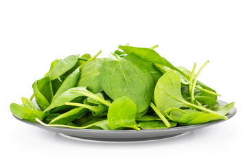 Fresh baby spinach leaves stack on a grey ceramic plate isolated on white background.