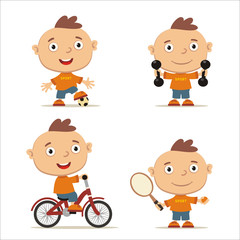 Set of funny boy is engaged in sports: football, with dumbbells, bicyclist, tennis player.