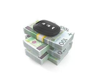Car remote key on stack of money