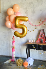 Birthday decorations ideas. Decorations for holiday party. A lot of balloons. Birthday party decorations. 