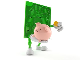 Circuit board character holding piggy bank with coin