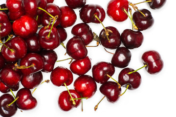 Sweet bright red cherry flatlay isolated on white...........................................................................