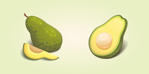 Set realistic fresh avocado fruit. Slice and whole avocados. Vegan food vector illustration in cartoon style.