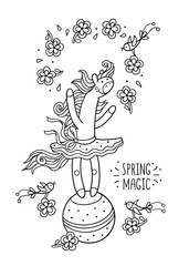 Spring magic. Black outline drawing for kids coloring book.