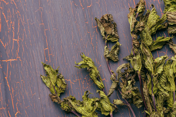 Medical herbs on a cracked wooden background