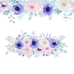 Nahtlose Fototapete Airtex Blumen Aquarellset mit Rosen und Anemonen