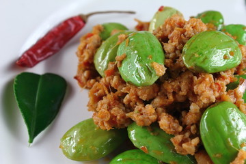 fried pork with stink bean food in thailand