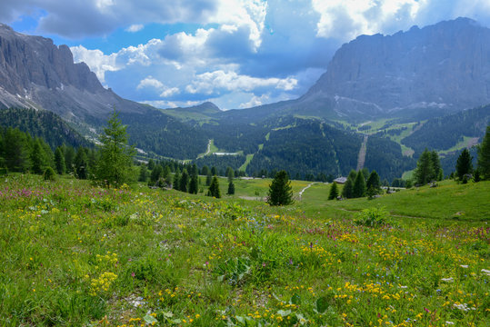 Beautiful summer mountain view of Sella group on Dolomites