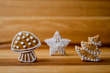Mushroom, tree and star gingerbread decoration arrangement