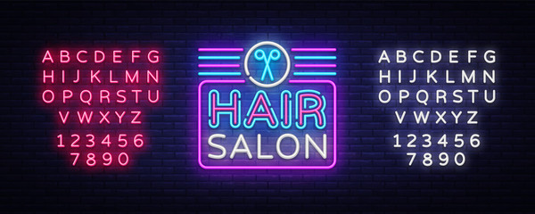 Hair Salon sign vector design template. Hairdress neon logo, light banner design element colorful modern design trend, night bright advertising, bright sign. Vector. Editing text neon sign