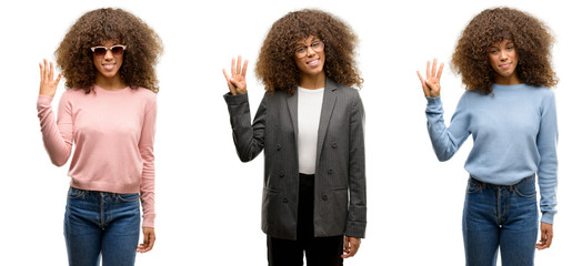 African american young woman wearing different outfits showing and pointing up with fingers number four while smiling confident and happy.