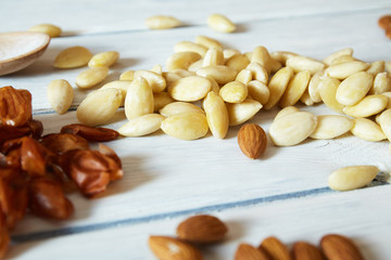 peeled almonds on the table.