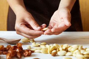 peeled almonds on the table.