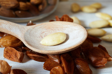 peeled almonds on the table.