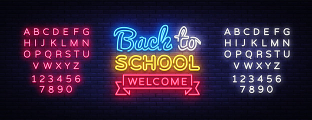 Back to School Welcome greeting card design template neon vector. Modern trend design, the beginning of the school year neon sign. Back to School invitation poster. Vector. Editing text neon sign