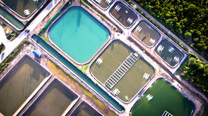 Aerial view of shrimp farm and air purifier in Thailand. Continuous growing aquaculture business is...