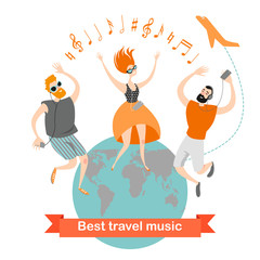 Happy people travel with music. Cartoon characters with headphones listening to music. The best songs are available online all over the world