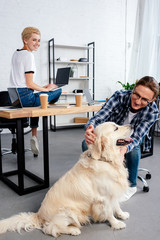 smiling young woman using laptop and looking at happy man stroking dog in office