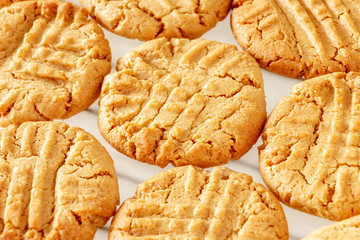 Close up delicious homemade peanut butter cookies on cooling rack. White background. Healthy snack concept. Macro photo.