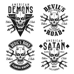 Biker club vector emblems with horned skull