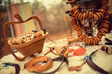 Outdoor tea and cookies lunch with samovar