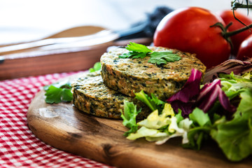 Vegetarian food Wheat Gluten Steaks with spinach