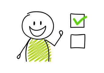 Tick icon with happy stickman. Vector.