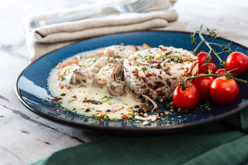 blanquette of veal with porcini mushrooms and rice