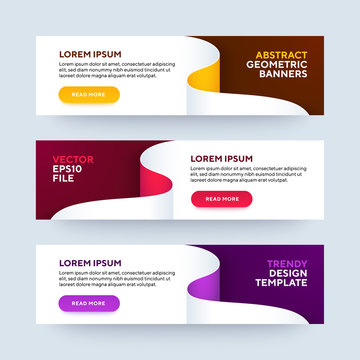 Set of three vector abstract baners. Trendy modern flat material design style. Yellow, pink and purple colors. Text placeholder.