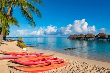 Foto auf Acrylglas Tropical paradise with empty kayaks on the beach in Moorea. © Nancy Pauwels