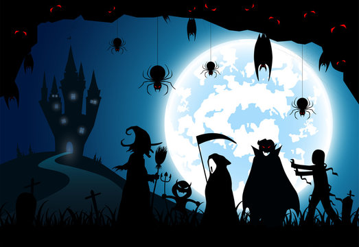 illustration blue background concept,festival halloween,full moon on dark night with many ghost and devil walking to castle for celebration halloween day