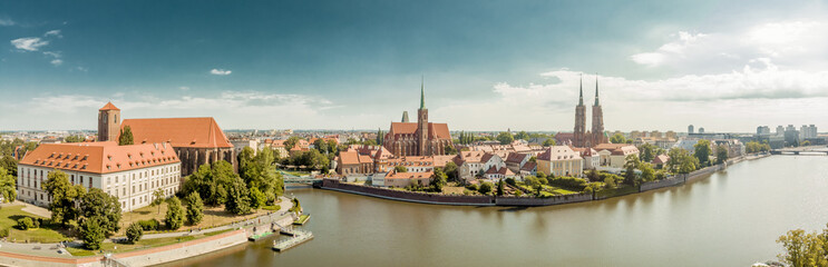 Poland. Wroclaw. Ostrow Tumski, park, and Odra River. Aerial High Resolution Photo.