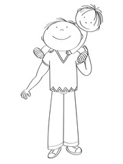 Happy father carrying little child, his son, on his shoulders. Cute boy is smiling. Original hand drawn illustration.